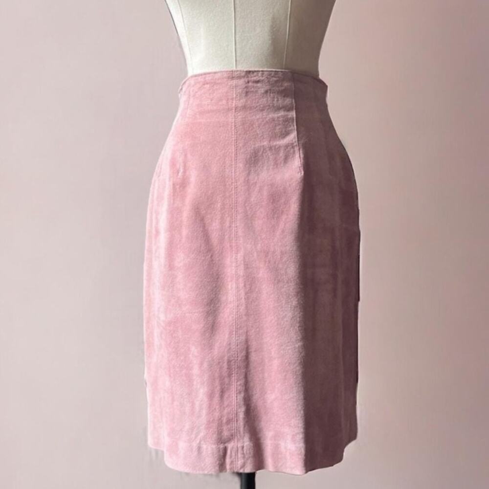 Vintage 90s Suede Mini Skirt | Baby Pink High Waisted Bias Cut Evan Davies | XS